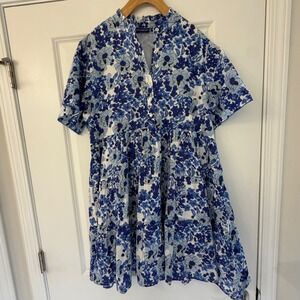 Ros's Garden Blue White Floral Cotton Tiered Mini Dress Ruffle Neck Medium